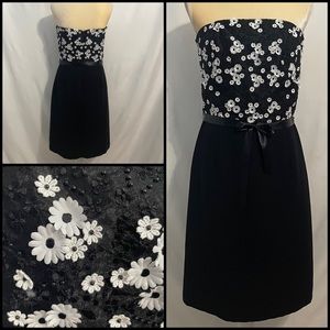 Shani black strapless cocktail dress with white 3D flowers. Size 10